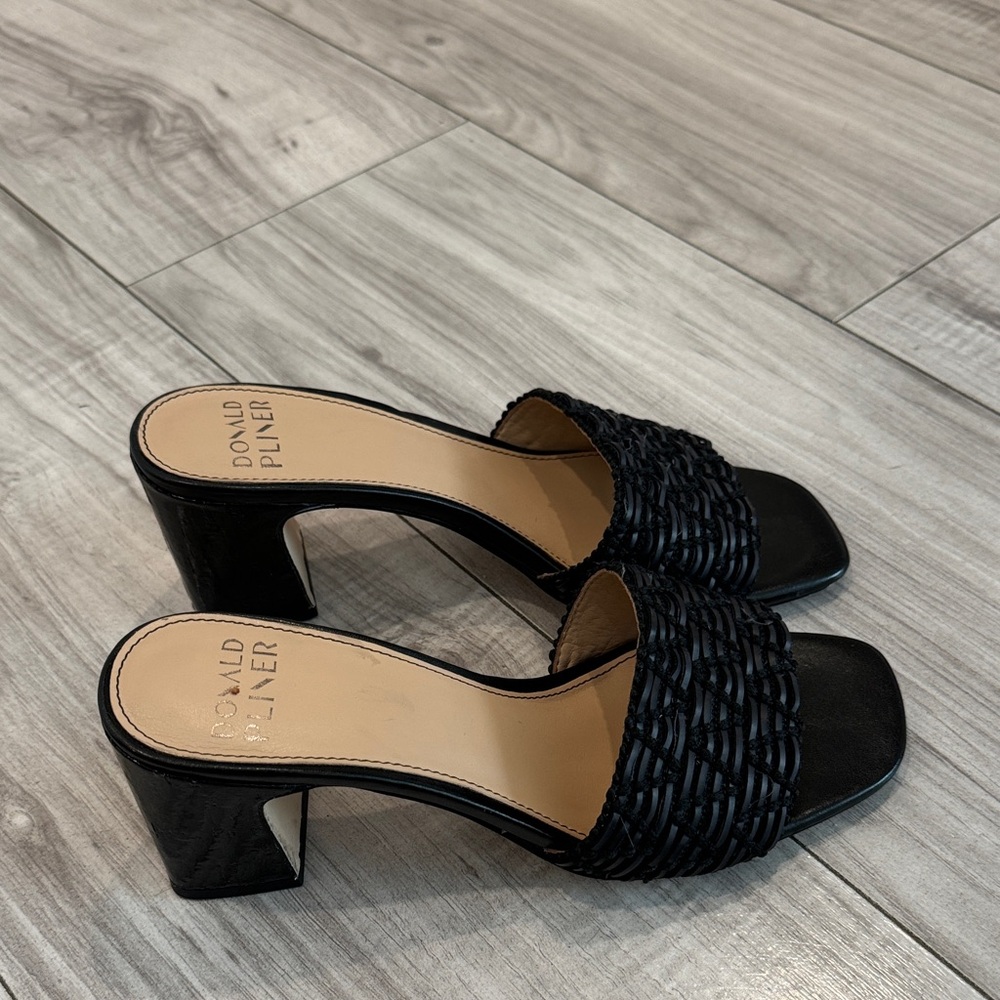 Donald J. Pliner Black Woven Leather Block Heel Mules